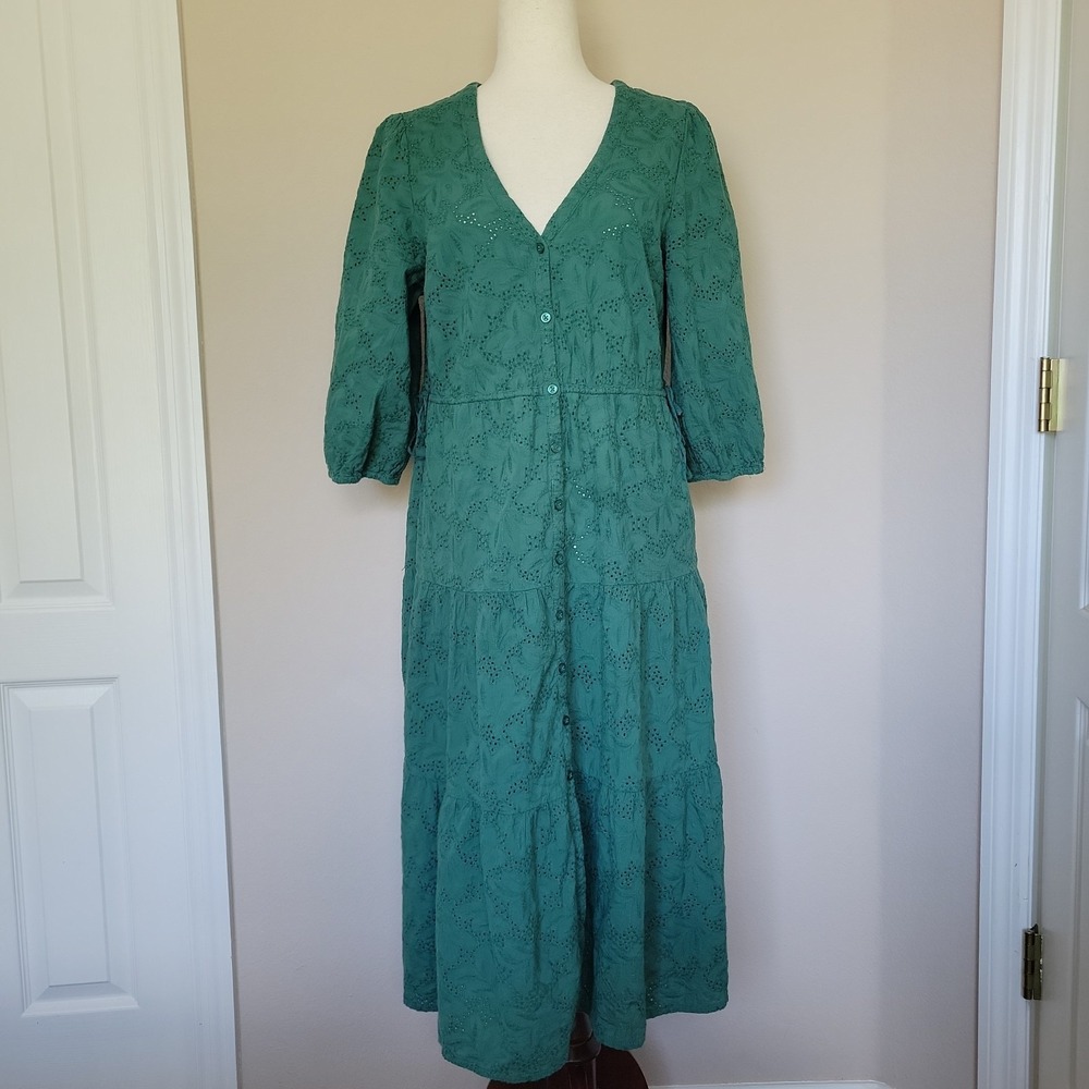 Marine Layer Willow Midi Dress Womens S Green Eyelet Embroidered Cottage Tiered